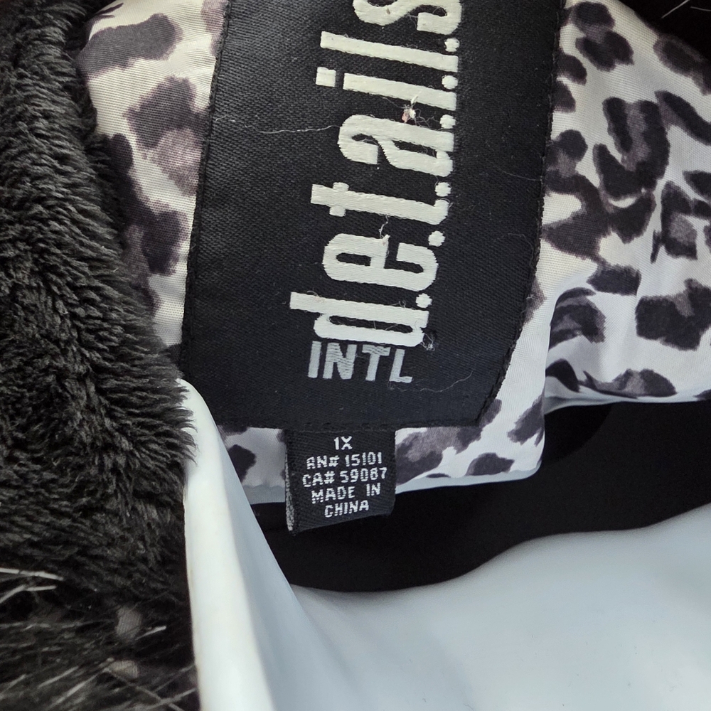 INTL DETAILS Leopard Puffer Coat Womens 1X Black Faux Fur Hood Winter Jacket - Picture 3 of 9